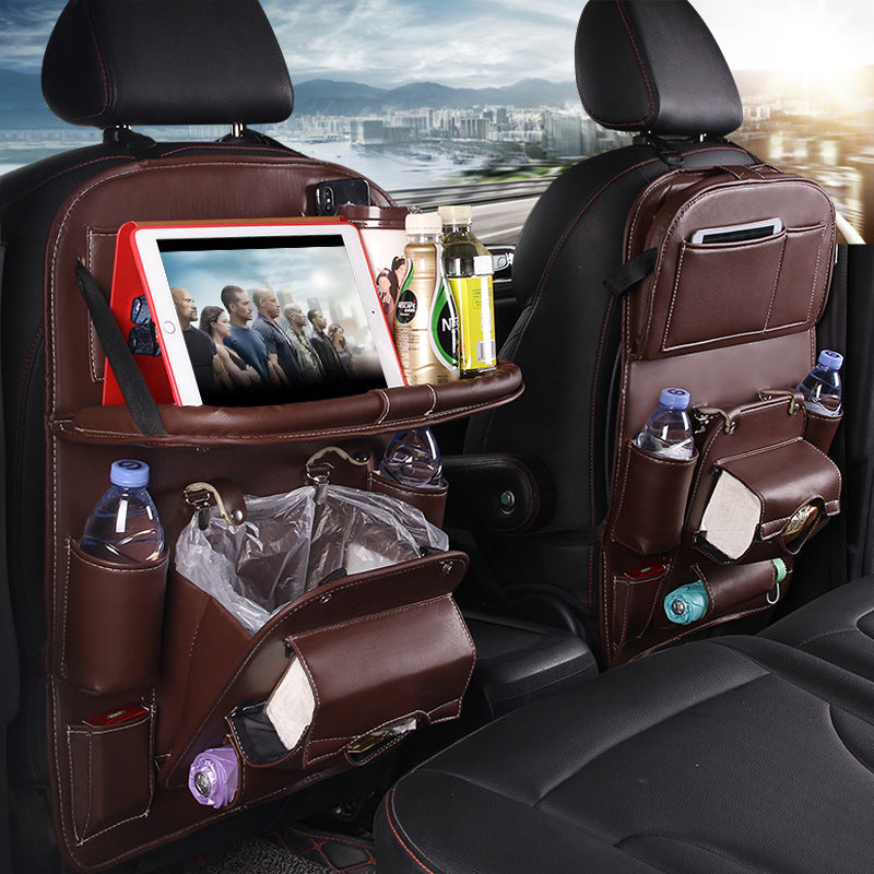 PU Leather Car Seat Back Organizer – Waterproof Hanging Storage Bag with Foldable Tray