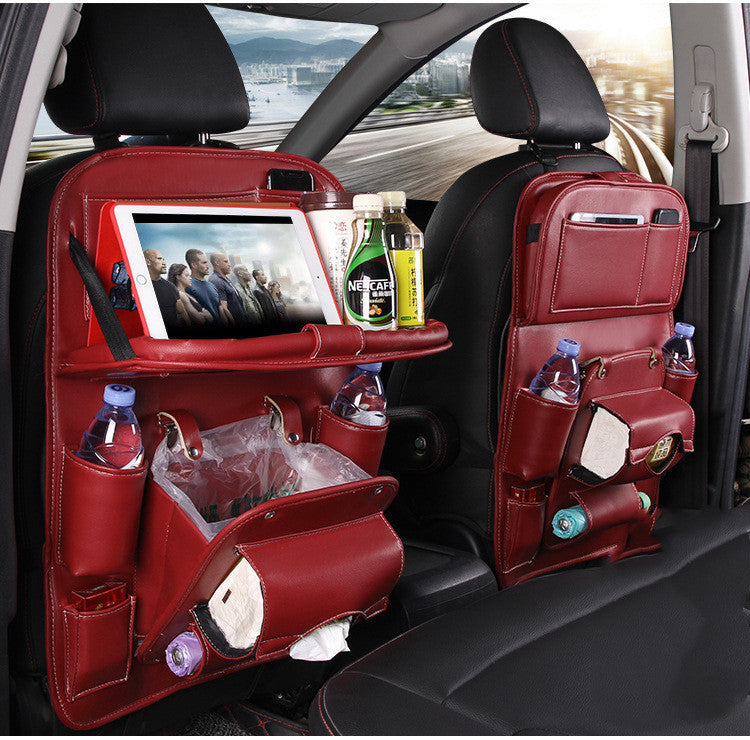 PU Leather Car Seat Back Organizer – Waterproof Hanging Storage Bag with Foldable Tray