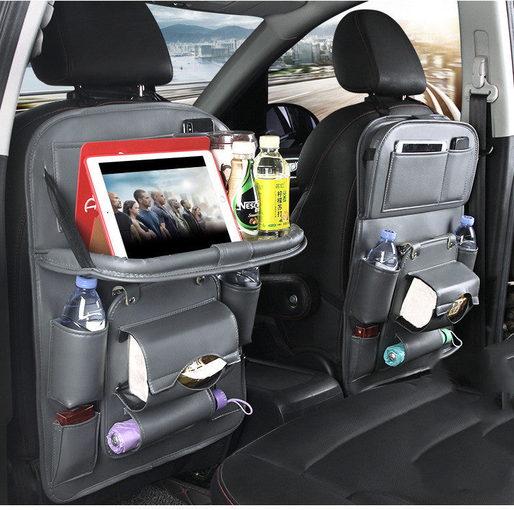 PU Leather Car Seat Back Organizer – Waterproof Hanging Storage Bag with Foldable Tray