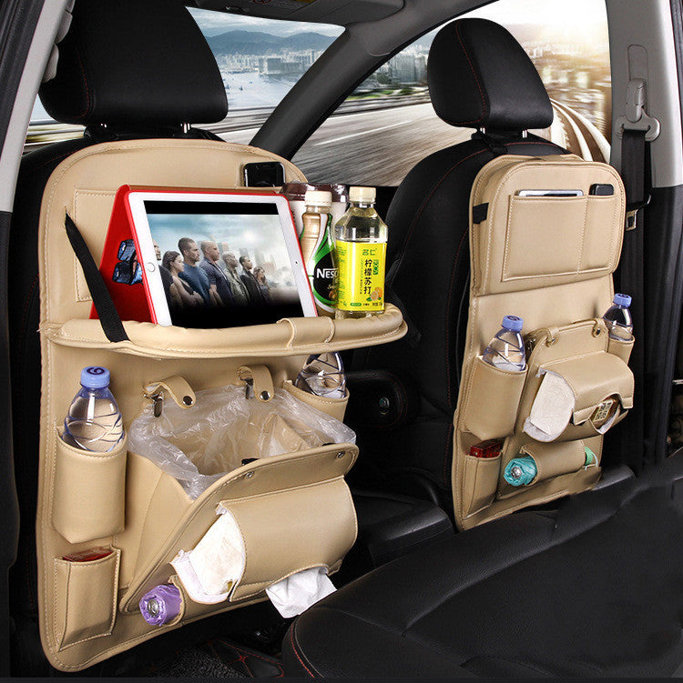 PU Leather Car Seat Back Organizer – Waterproof Hanging Storage Bag with Foldable Tray
