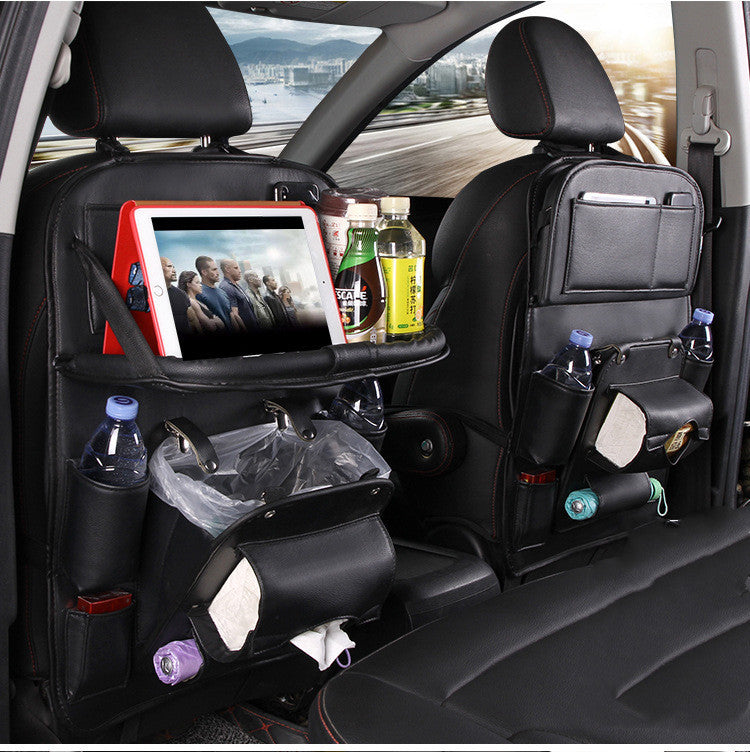 PU Leather Car Seat Back Organizer – Waterproof Hanging Storage Bag with Foldable Tray