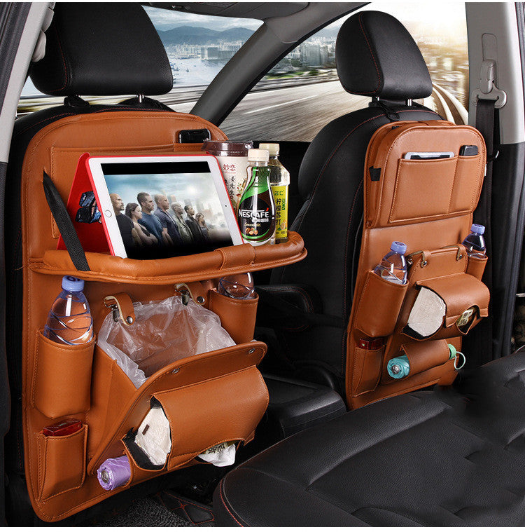 PU Leather Car Seat Back Organizer – Waterproof Hanging Storage Bag with Foldable Tray