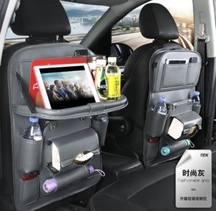 PU Leather Car Seat Back Organizer – Waterproof Hanging Storage Bag with Foldable Tray
