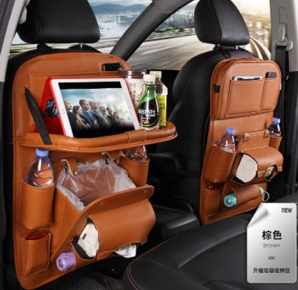 PU Leather Car Seat Back Organizer – Waterproof Hanging Storage Bag with Foldable Tray