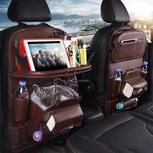 PU Leather Car Seat Back Organizer – Waterproof Hanging Storage Bag with Foldable Tray