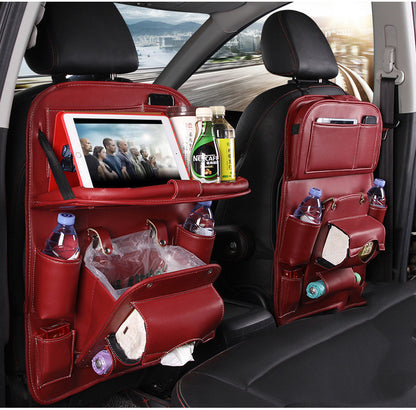 PU Leather Car Backseat Organizer w/ Foldable Meal Tray