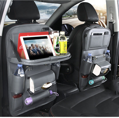 PU Leather Car Backseat Organizer w/ Foldable Meal Tray