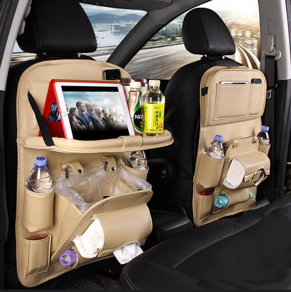 PU Leather Car Backseat Organizer w/ Foldable Meal Tray